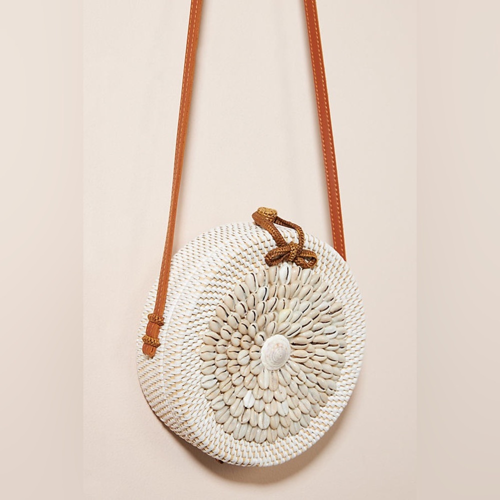 Anthropologie Shell-Embellished Rattan Crossbody Bag